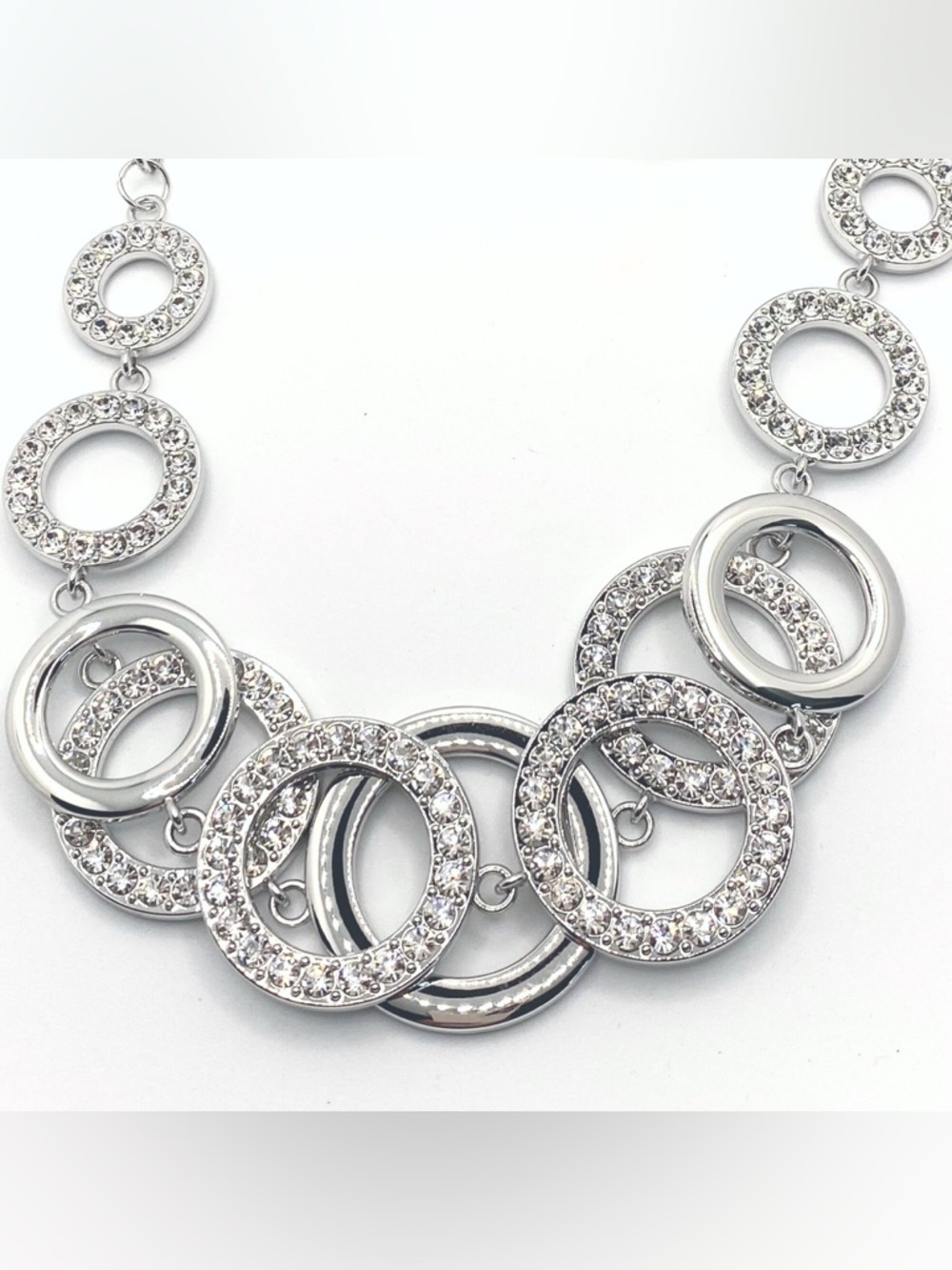 Silver Statement Circle Link Rhinestone Necklace - Picture 2 of 2